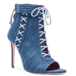 Denim high heel ankle sandals - short blue boots - cross-tied - with zipperSandals