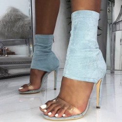 Sexy high heel sandals - with zipper - transparent strap - thin heel - stretch denimSandalen