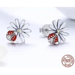 Witte margriet / kristallen lieveheersbeestje oorbellen - 925 sterling zilverOorbellen
