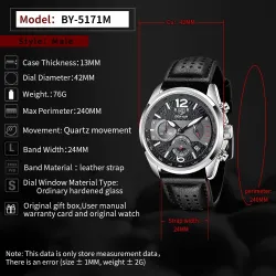BENYAR - sport quartz horloge - waterdicht - leren bandHorloges