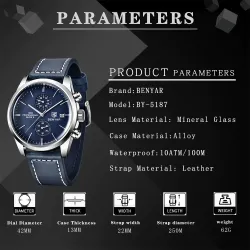 BENYAR - sport quartz horloge - 100m waterdicht - leren bandHorloges