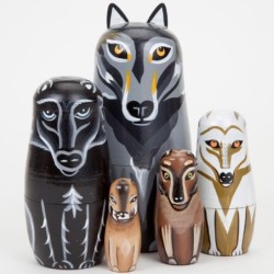 Handbeschilderde houten wolf - nestpoppen - Russische Matryoshka - 5 stuksSpeelgoed