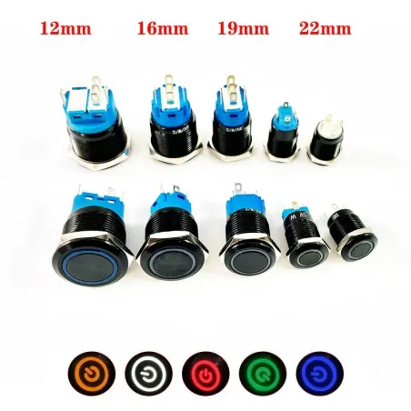 Zwarte drukknopschakelaar LED - waterdicht - vast zelfremmend - 12mm / 16mm / 19mm / 22mm - 5V / 12V / 220VSchakelaars