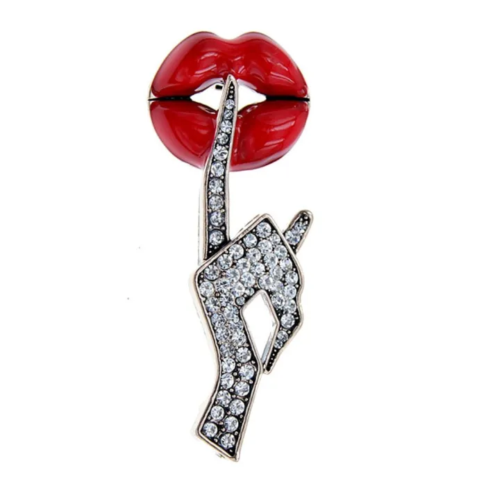 Kristallen broche - rode lippen / Be Quiet gebaarBroches