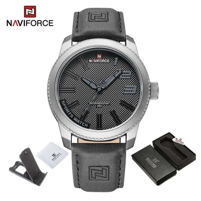 NAVIFORCE - militair sporthorloge - Quartz - waterdicht - leren band - grijsHorloges