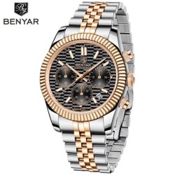 BENYAR - elegant quartz horloge - chronograaf - waterdicht - edelstaal - goud/zwartHorloges