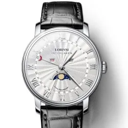 LOBINNI - luxe quartz horloge - maanstand - waterdicht - lederen band - zwart/witHorloges