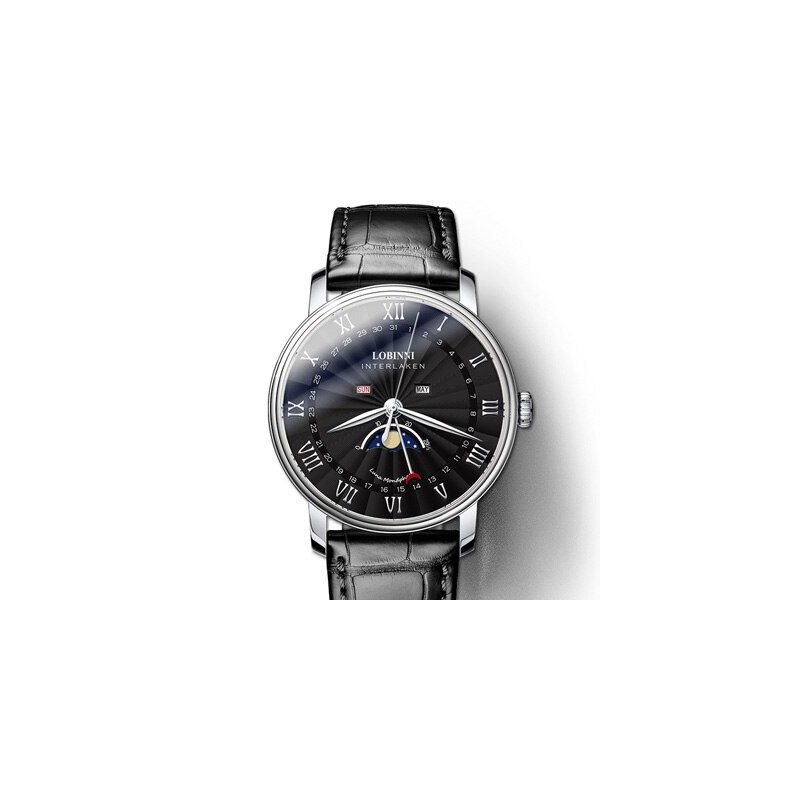LOBINNI - luxury Quartz watch - moon phase - waterproof - leather strap - blackWatches