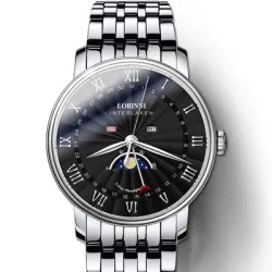LOBINNI - luxe Quartz horloge - maanstand - waterdicht - edelstaal - zilver/zwartHorloges