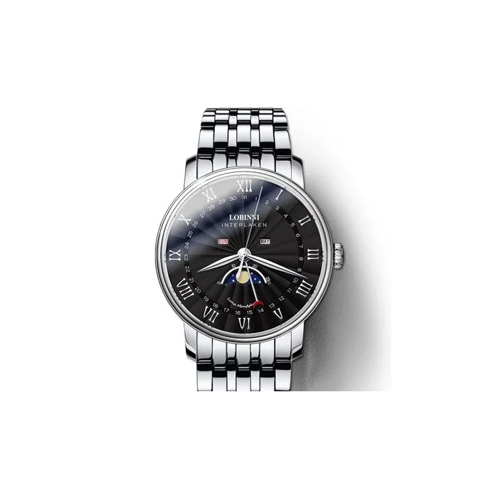 LOBINNI - luxe Quartz horloge - maanstand - waterdicht - edelstaal - zilver/zwartHorloges