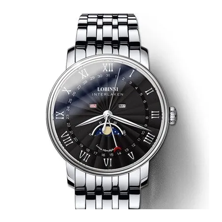 LOBINNI - luxe Quartz horloge - maanstand - waterdicht - edelstaal - zilver/zwartHorloges