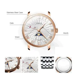 LOBINNI - luxe Quartz horloge - maanstand - waterdicht - edelstaal - zilver/zwartHorloges