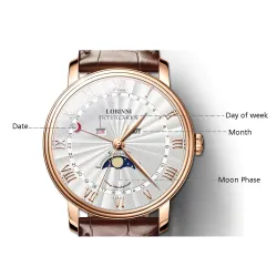 LOBINNI - luxe Quartz horloge - maanstand - waterdicht - edelstaal - zilver/witHorloges