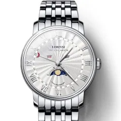 LOBINNI - luxe Quartz horloge - maanstand - waterdicht - edelstaal - zilver/witHorloges