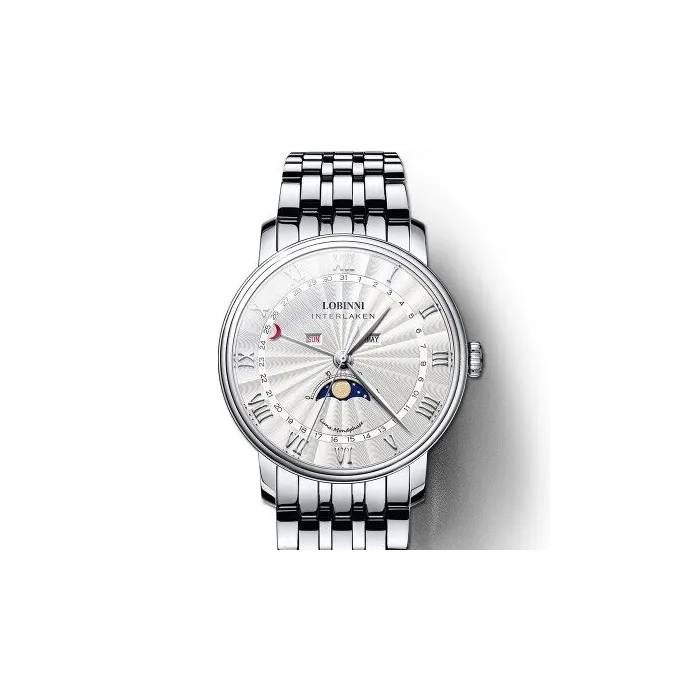 LOBINNI - luxe Quartz horloge - maanstand - waterdicht - edelstaal - zilver/witHorloges