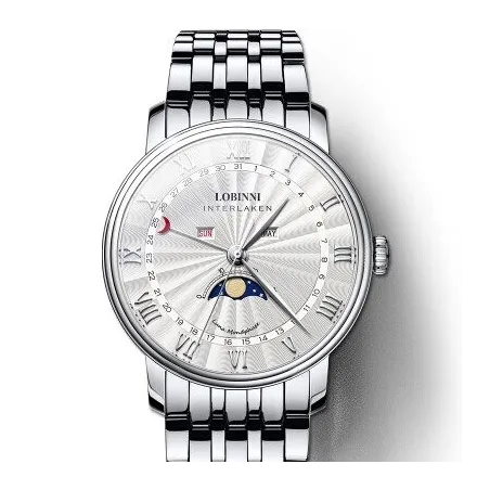 LOBINNI - luxe Quartz horloge - maanstand - waterdicht - edelstaal - zilver/witHorloges