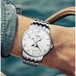 LOBINNI - luxe Quartz horloge - maanstand - waterdicht - edelstaal - zilver/witHorloges