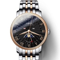 LOBINNI - luxe Quartz horloge - maanstand - waterdicht - edelstaal - goud/zwartHorloges