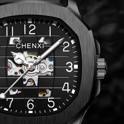 CHENXI - automatisch mechanisch quartz horloge - waterdicht - skeleton design - zilver/zwartHorloges