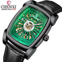 CHENXI - automatisch vierkant horloge - hol gesneden ontwerp - lederen band - zwart / groenHorloges