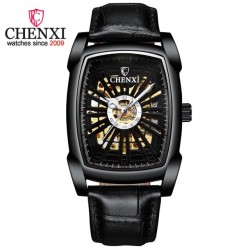 CHENXI - automatisch vierkant horloge - hol gesneden ontwerp - lederen band - zwartHorloges
