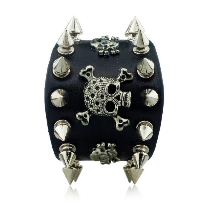 Brede leren armband - klinknagels - schedel - punkstijlArmbanden