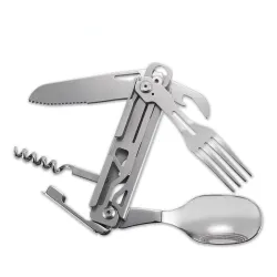 Opvouwbaar RVS servies - lepel / mes / flesopener - camping / reissetSurvival gereedschap