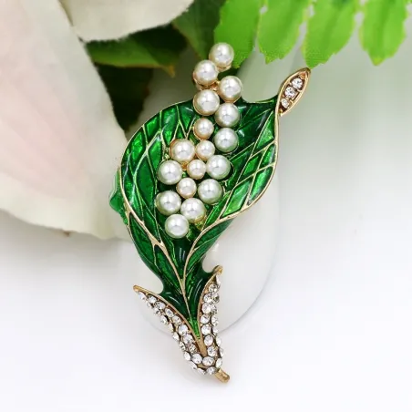 Groen blad / parels / kristallen - elegante brocheBroches