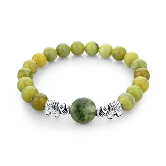 Groene natuursteen kralen / zilveren olifant - armbandArmbanden