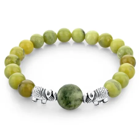Groene natuursteen kralen / zilveren olifant - armbandArmbanden