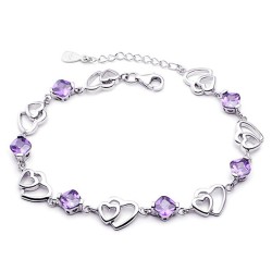 Elegante armband - paarse kristallen / hartjes - 925 sterling zilverArmbanden