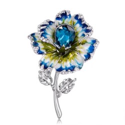 Emaille blauwe bloem met kristallen - zilveren brocheBroches
