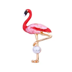 Rode flamingo met parel - brocheBroches