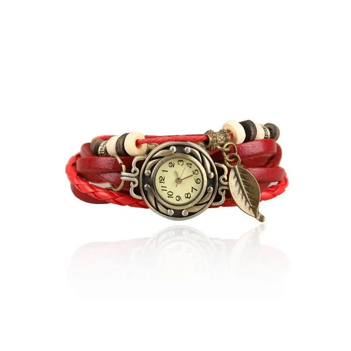 Vintage multi layer armband - met Quartz horloge - kralen / bladArmbanden
