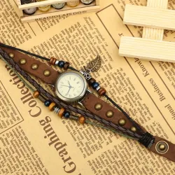 Vintage meerlaagse lederen armband - met Quartz horloge / kralenHorloges