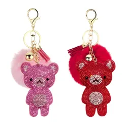 Kristallen teddybeer met pom pom van bont - sleutelhangerSleutelhangers