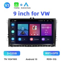 Autoradio - 2 Din - 9 inch - Android 10 - 2GB - 32GB - Bluetooth - GPS - carplay - voor Volkswagen Golf 5 6 PassatDin 2
