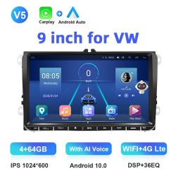 Autoradio - 2 Din - 9 inch - Android 10 - 4GB - 64GB - Bluetooth - GPS - carplay - voor Volkswagen Golf 5 6 PassatDin 2