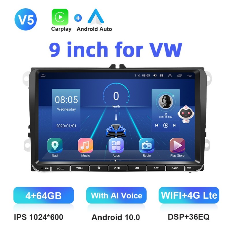 Car radio - 2 Din - 9 inch - Android 10 - 4GB - 64GB - Bluetooth - GPS - carplay - for Volkswagen Golf 5 6 PassatDin 2