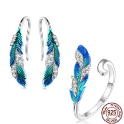 Elegante sieradenset - oorbellen - ring - blauwgroene veer met kristallen - 925 sterling zilverOorbellen