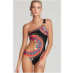 Zwart badpak uit één stuk - kleurrijk patroon - één schouder / uitgesneden kantBadkleding