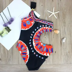 Zwart badpak uit één stuk - kleurrijk patroon - één schouder / uitgesneden kantBadkleding