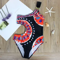 Zwart badpak uit één stuk - kleurrijk patroon - één schouder / uitgesneden kantBadkleding