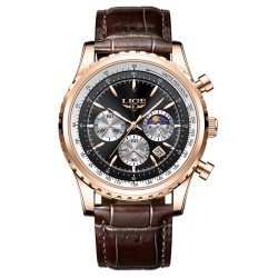 LIGE - luxury stainless steel Quartz watch - luminous - leather strap - waterproof - rose gold / blackWatches