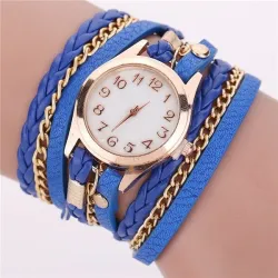 Meerlaagse lederen armband - met een rond quartz horlogeArmbanden