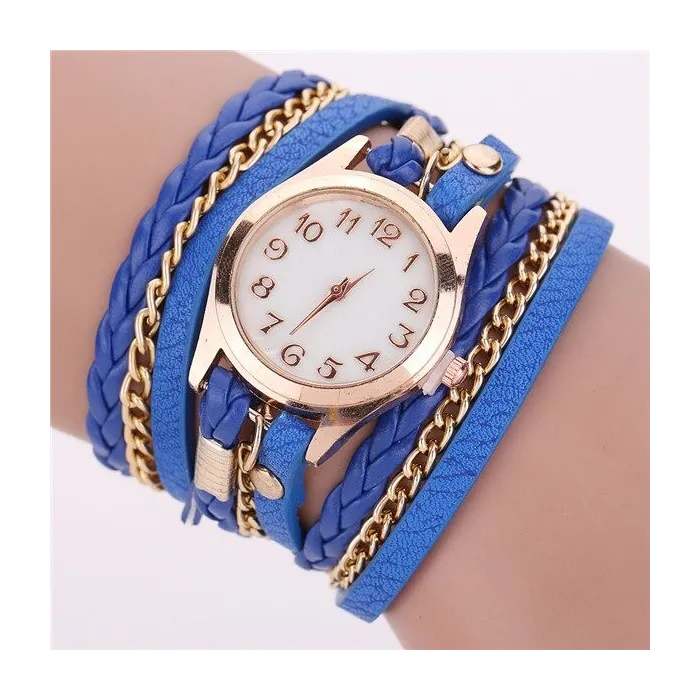 Meerlaagse lederen armband - met een rond quartz horlogeArmbanden