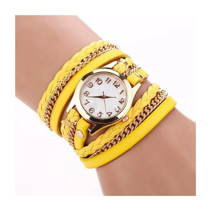 Meerlaagse lederen armband - met een rond quartz horlogeArmbanden