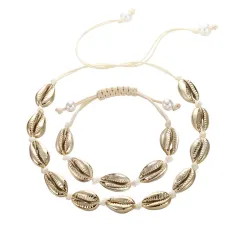 Gevlochten touw armband / ketting - met metalen schelpen - verstelbaar - set van 2 stuksSieradensets
