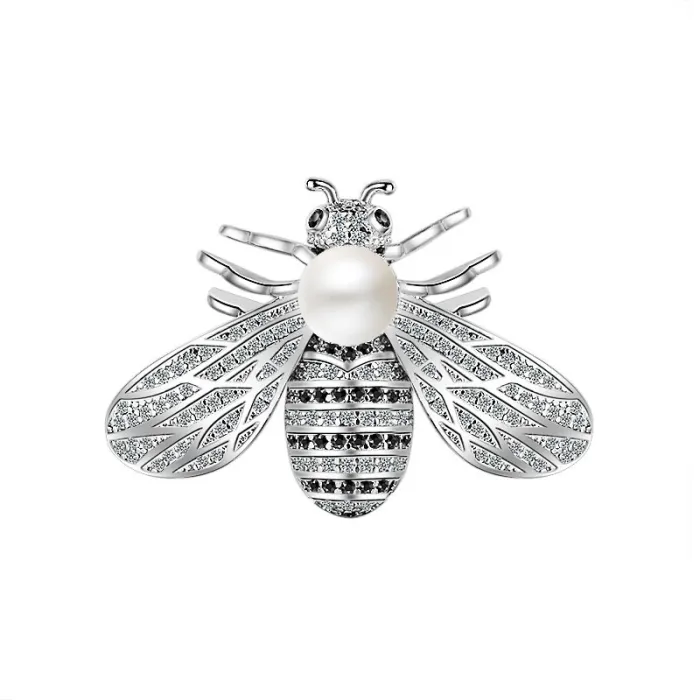 Zilveren broche in de vorm van een bij - met een parelBroches