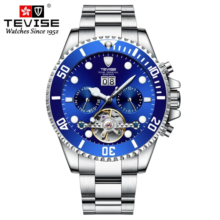 TEVISE - elegant automatisch horloge - edelstaal - waterdicht - zilver/blauwHorloges